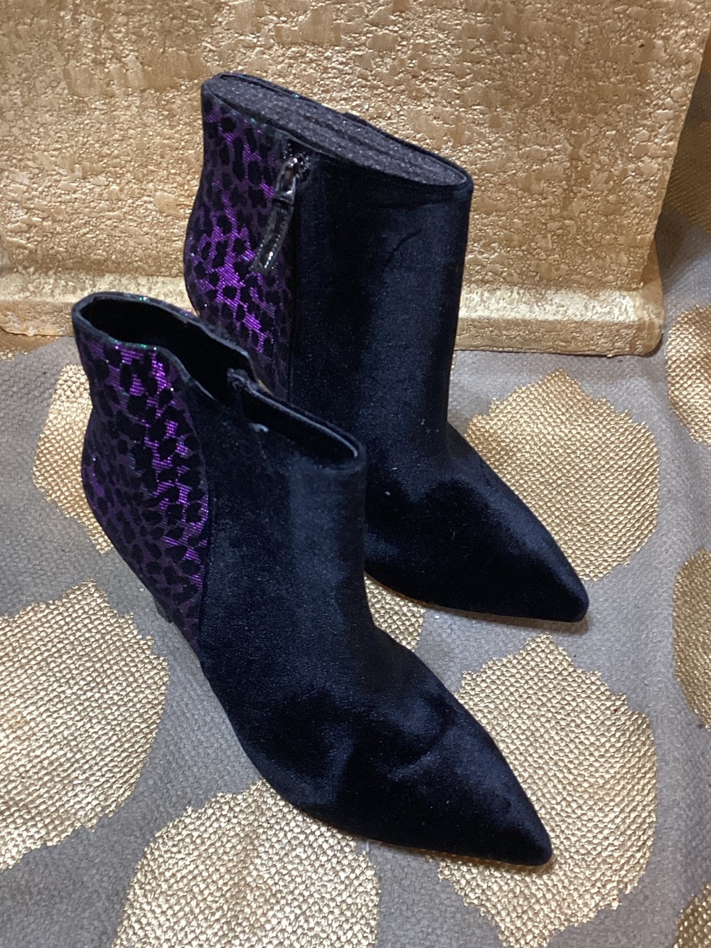 Nine West Black Velvet Ankle Boots with Purple Leopard Panel